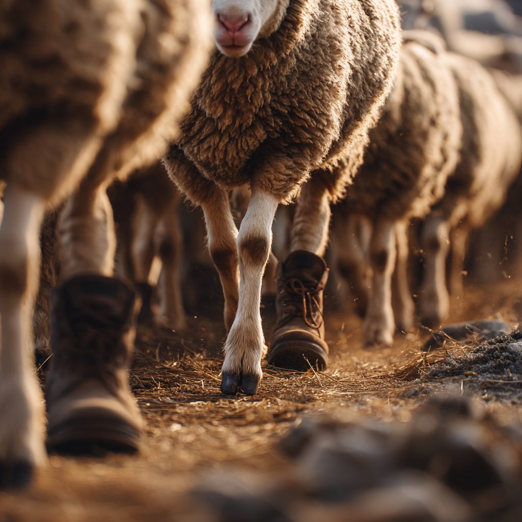 The flock at the farm in the early golden light