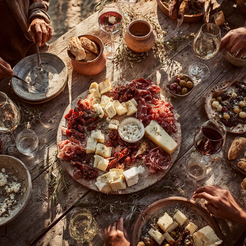 A generous platter of fresh cheeselets, sun-dried tomatoes and farm produce